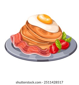 Fried bacon and egg on stack of pancakes, cartoon breakfast plate. Tomatoes and herbs, crispy protein snack for hotcakes. Morning food mascot, cartoon serving of savory pancakes vector illustration