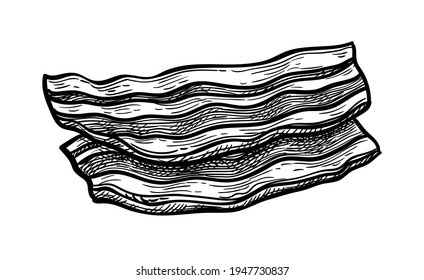 Fried bacon. Ink sketch of breakfast isolated on white background. Hand drawn vector illustration. Retro style.