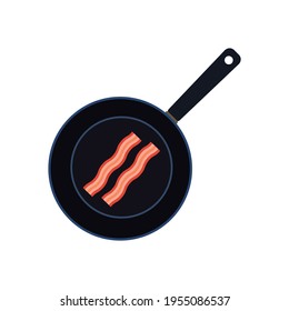 Fried bacon on frying pan isolated on white background Vector Illustration. Traditional breakfast food illustration. Unhealthy and fat food.
