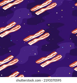 Fried bacon in space. Seamless pattern. Vector illustration