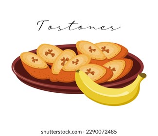 Plátanos fritos Tostones, cocina latinoamericana. Cocina nacional de México. Ilustración alimentaria, vector