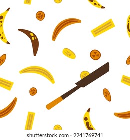 Fried bananas traditional mexican dessert seamless pattern. Platanos fritos Latin American sweets background. Slices of plantain on the frying pan. Vector flat illustration.