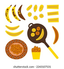 Fried bananas traditional mexican dessert. Platanos fritos Latin American sweet on a folk art design plate. Slices of plantain on the frying pan. Vector flat illustration.