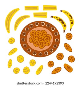 Fried bananas traditional mexican dessert. Platanos fritos Latin American sweet. Slices of plantain on folk art plate. Vector flat illustration.