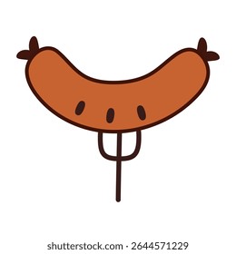 Fried bavarian sausage on fork. Flat icon isolated on white background. Barbecue and Oktoberfest food concept.