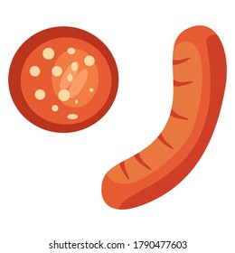 Fried bavarian sausage on white isolated backdrop. Barbeque meat for invitation or gift card, notebook, grill bar logo, scrapbook. Phone case or cloth print art. Flat style stock vector illustration