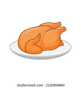 Fried bird on a dish. The sign of a fried bird. Food for gala dinner. Vector illustration in cartoon style, isolated on white background