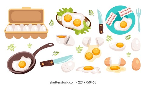 Fried boiled cracked chicken cartoon eggs. Morning breakfast variation with egg sandwich concept. Food dish meal preparing ingredients isolated set. Vector cartoon graphic design element illustration