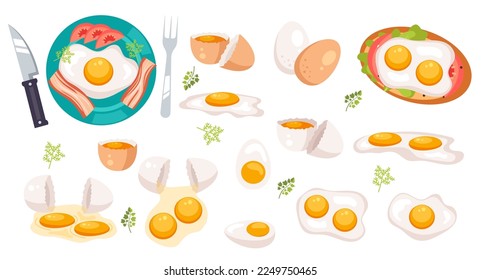 Huevos de dibujos animados de pollo fritos y rotos. Variación del desayuno matutino con el concepto de sándwich de huevo. Comida que prepara ingredientes aislados. Ilustración de elementos de diseño gráfico de dibujos animados