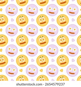 Ovos fritos e cozidos na placa com linguiça grelhada Como Emoticons bonito sem emenda padrão café da manhã