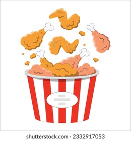 Fried breaded chicken fillet in white cardboard box isolated on white background. Fast food fried chicken meat. Fried chicken in paper bucket isolated on white background, Fried chicken. 2022