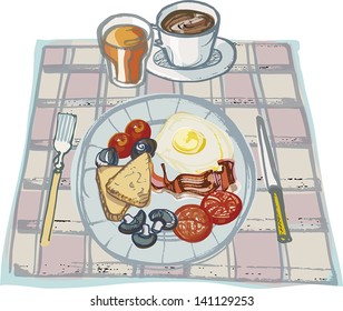 Fried Breakfast on Table  Cloth with Coffee and Orange Juice