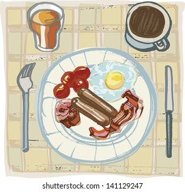 Fried Breakfast on Table with Coffee and Orange Juice