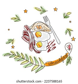 Fried breakfast, scrambled eggs with bacon and toast with butter, vector illustration for decoration, doodle style