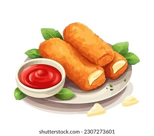 Fried cheese sticks tomato sauce and parsley icon isolated