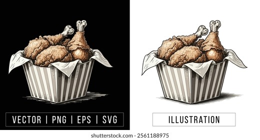 Fried Chicken in a Box Illustration - Vector and Line Art