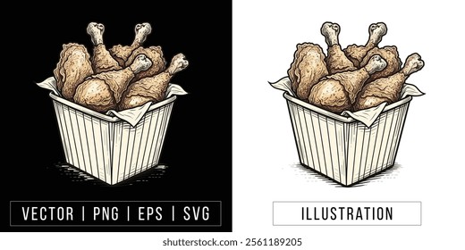 Fried Chicken in a Box Illustration - Vector and Line Art