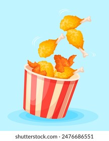 Fried chicken bucket. Flying grill chickens wings drumsticks crispy breading, tasty frying legs wing drumstick fast food restaurant takeout menu, cartoon neat vector illustration