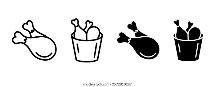 Fried chicken bucket icon. Crispy chicken legs vector illustration. Roast drumstick symbol. Fast food meal sign. Tasty meat snack pictogram. Chicken nuggets box concept outline, line, black isolated.