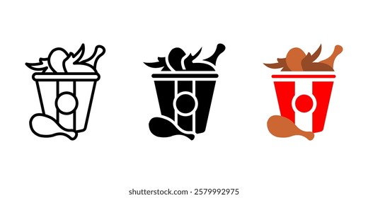 Fried chicken bucket icon. Crispy drumsticks in a box sign. Fast food meal symbol. Spicy and crunchy snack pictogram. Takeaway dinner illustration.