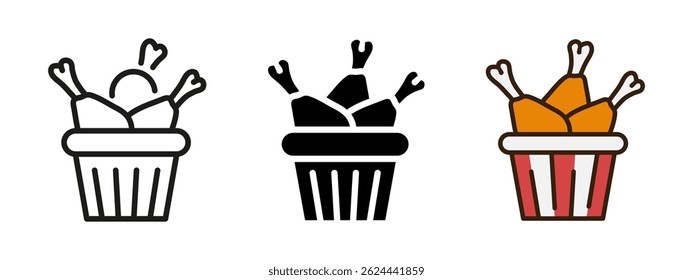 Fried chicken bucket icon. Crispy drumsticks and wings vector illustration. Fast food meal symbol. Takeaway dinner and restaurant combo pictogram for menu design.