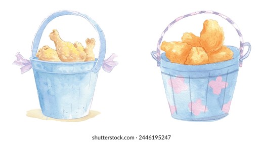 fried chicken with bucket watercolor vector illustration 