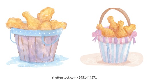 fried chicken with bucket watercolor vector illustration 