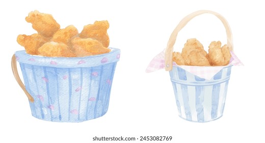 fried chicken with bucket watercolor vector illustration 