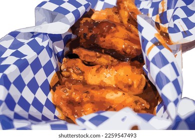 Búfalo de pollo frito o alas con salsa de barbacoa. Esta comida rápida es una buena opción para hacer picnic, acampar y actividades al aire libre. Hay que adobarse y descongelarse bien. Pero comer de manera excesiva puede causar obesidad. 