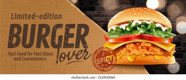 Fried Chicken Burger Banner Ads On Glitter Brick Wall In 3d Illustration