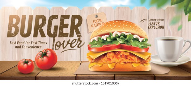 Fried Chicken Burger Banner Ads On Wooden Table And White Fence In 3d Illustration