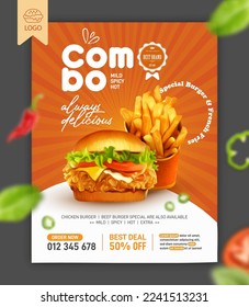 Plantilla de diseño de pancartas con hamburguesa de pollo frito y patatas fritas