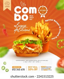 Fried chicken burger and fries social media post design template