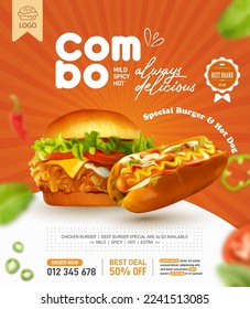 Fried chicken burger and hot dog ads social media post or print template