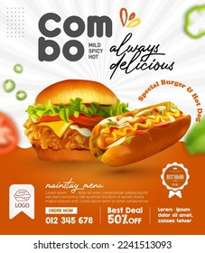 Fried chicken burger and hot dog ads social media post or print template, Fast food promotion in 3d vector illustration