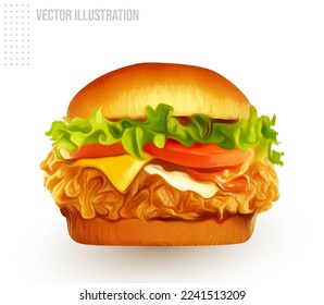 Vector de la hamburguesa de pollo frito en la ilustración 3d