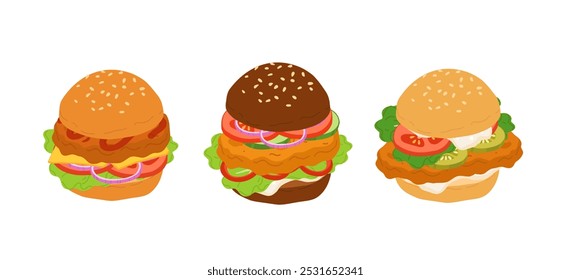 Fried Chicken Burgers Set mit verschiedenen Brötchen. Hühnerbrote mit Gemüse.