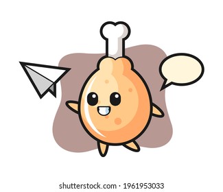 Fried chicken cartoon character throwing paper airplane, cute style design for t shirt, sticker, logo element