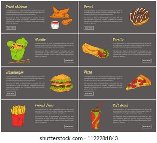 Fried chicken and chocolate donut set. Burrito and asian noodles in package served with chopsticks. French fries and hamburger vector illustration
