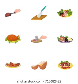 Fried chicken, cooking chop, slicing vegetables, shish kebab and other elements of cooking. Food and Cooking set collection icons in cartoon style vector symbol stock illustration web.
