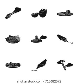 Fried chicken, cooking chop, slicing vegetables, shish kebab and other elements of cooking. Food and Cooking set collection icons in black style vector symbol stock illustration web.