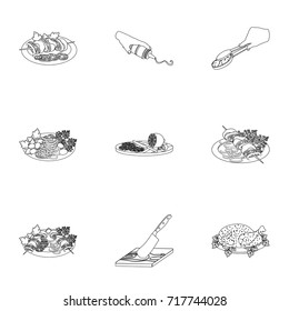 Fried chicken, cooking chop, slicing vegetables, shish kebab and other elements of cooking. Food and Cooking set collection icons in outline style vector symbol stock illustration web.