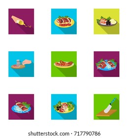Fried chicken, cooking chop, slicing vegetables, shish kebab and other elements of cooking. Food and Cooking set collection icons in flat style vector symbol stock illustration web.