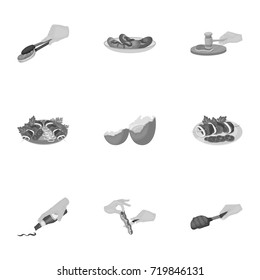 Fried chicken, cooking chop, slicing vegetables, shish kebab and other elements of cooking. Food and Cooking set collection icons in monochrome style vector symbol stock illustration web.