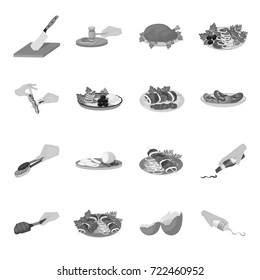 Fried chicken, cooking chop, slicing vegetables, shish kebab and other elements of cooking. Food and Cooking set collection icons in monochrome style vector symbol stock illustration web.