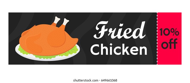 Fried chicken coupon, tasty fast food sale. Whole meat, made in cartoon flat style.