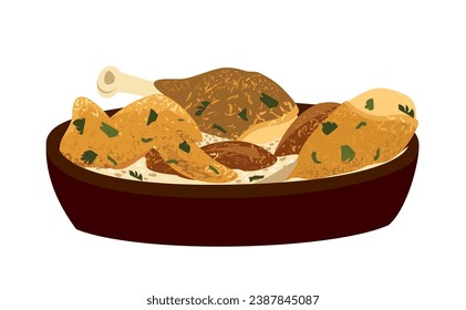 Fried chicken in cream garlicky sauce.Shkmeruli, traditional georgian tasty hot dish.Caucasian Kartuli food, Sakartvelo cuisine.Tasty meat meal.Flat vector illustration isolated on white background