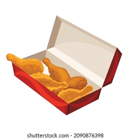 Fried chicken. Crispy fried chicken drumsticks in box isolated on white background. Beautiful delicious in cartoon style. Fresh fast food fry meat