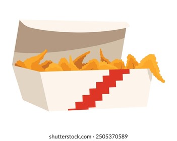 Fried chicken. Crispy fried chicken drumsticks in box isolated on white background. Beautiful delicious in cartoon style. Fresh fast food fry meat