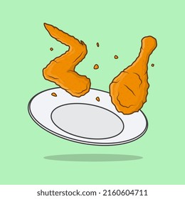Fried Chicken Crispy On A Plate Cartoon Vector Illustration. Fried Chicken Flat Icon Outline